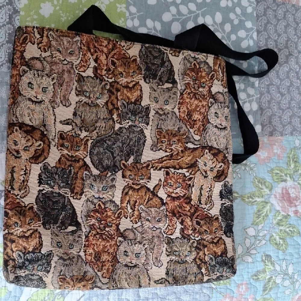 Cat Tapestry Tote Bag with Black Straps